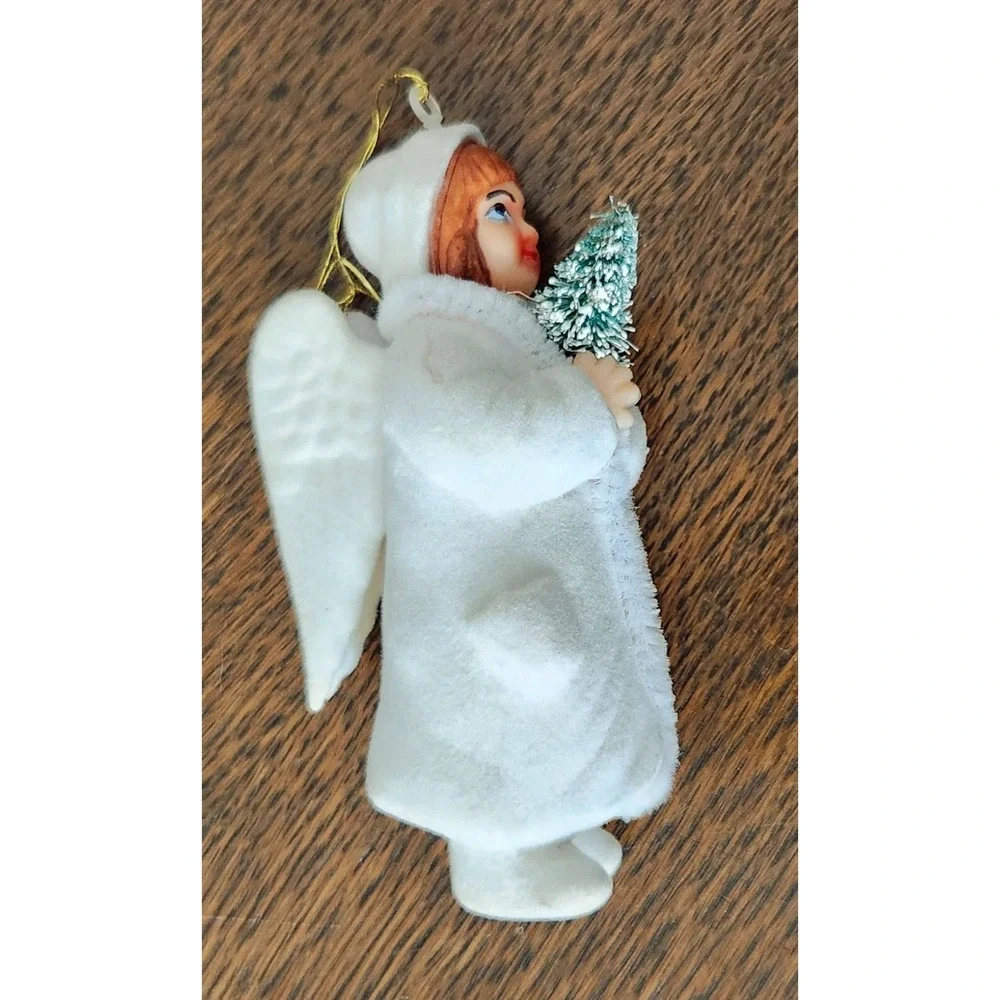Christmas Tree Ornament Angel Holding‎ Tree Flocked Vintage Holiday Decoration